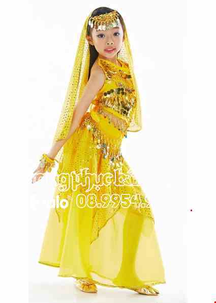 Cho thue Trang phục Ấn Độ (múa bụng, belly dance) trẻ em yếm, váy kim sa vàng