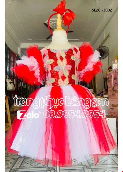 Cho thue Đầm  múa trẻ em đỏ trắng ngực bông hoa -đầm bồng