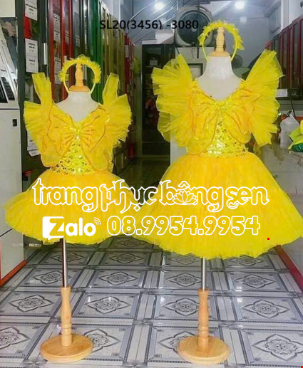 Cho thue Đầm múa trẻ em nơ bướm vàng- đầm bồng -