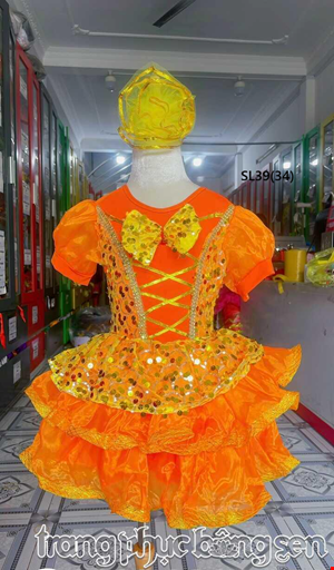 Cho thue Đầm múa trẻ em  vàng cam - đầm bồng mầm non