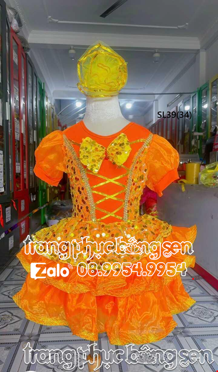 Cho thue Đầm múa trẻ em  vàng cam - đầm bồng mầm non