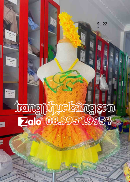 Cho thue Đầm múa trẻ em váy múa trẻ em cổ yếm hồng bông ngực