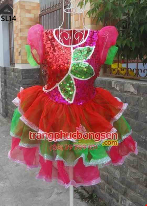 Cho thue Đầm múa trẻ em kim sa 3 tầng voan đỏ xanh hồng