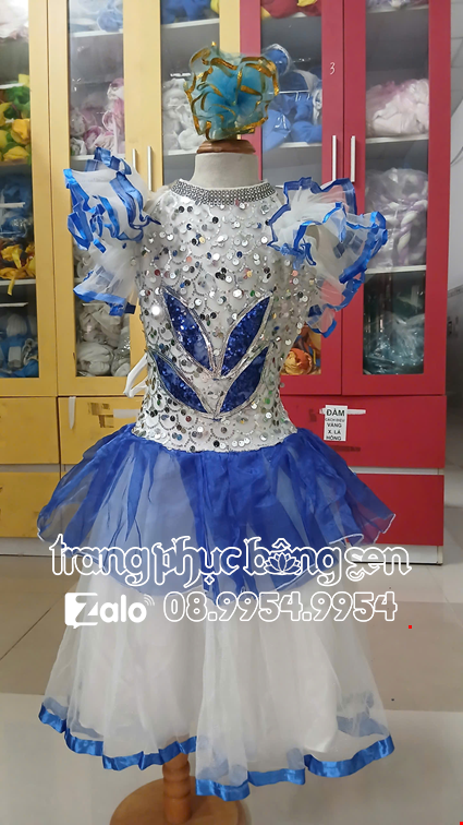 Cho thue Đầm múa trẻ em kim sa xanh dương