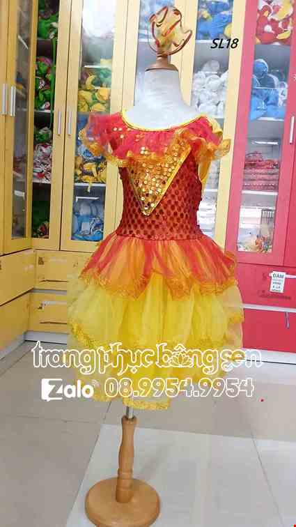 Đầm múa trẻ em kim sa thân đỏ váy vàng 3 tầng
