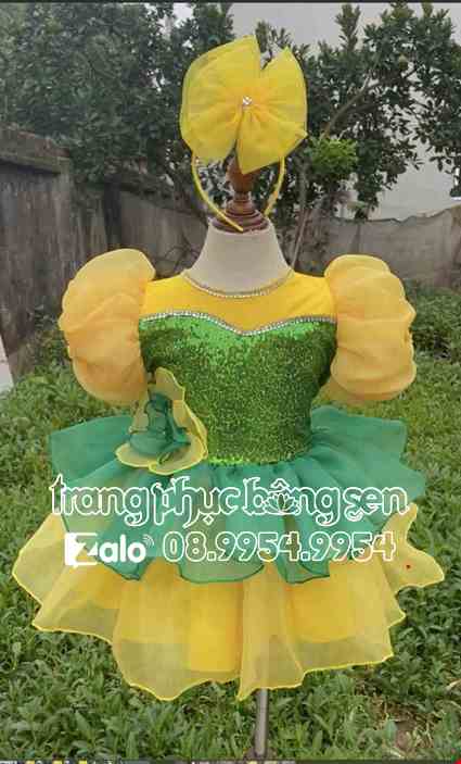 Cho thue Đầm múa trẻ em màu xanh lá vàng
