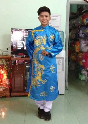 Áo dài nam thêu rồng xanh biểu diễn múa việt nam gấm hoa