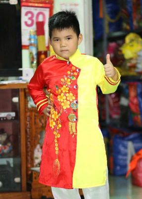 Áo dài trẻ em thêu hoa mai biểu diễn múa việt nam gấm hoa