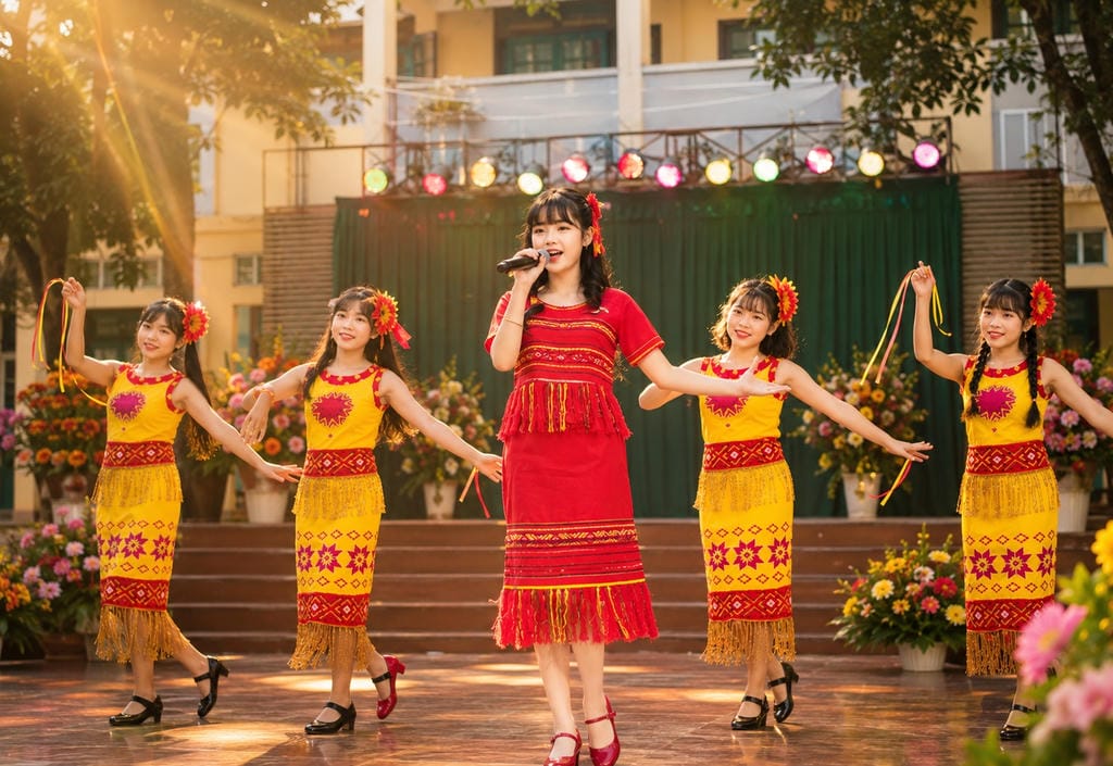 Tiết mục "Cô giáo em là hoa Êban" với sắc màu Tây Nguyên rực rỡ trên sân khấu học đường.