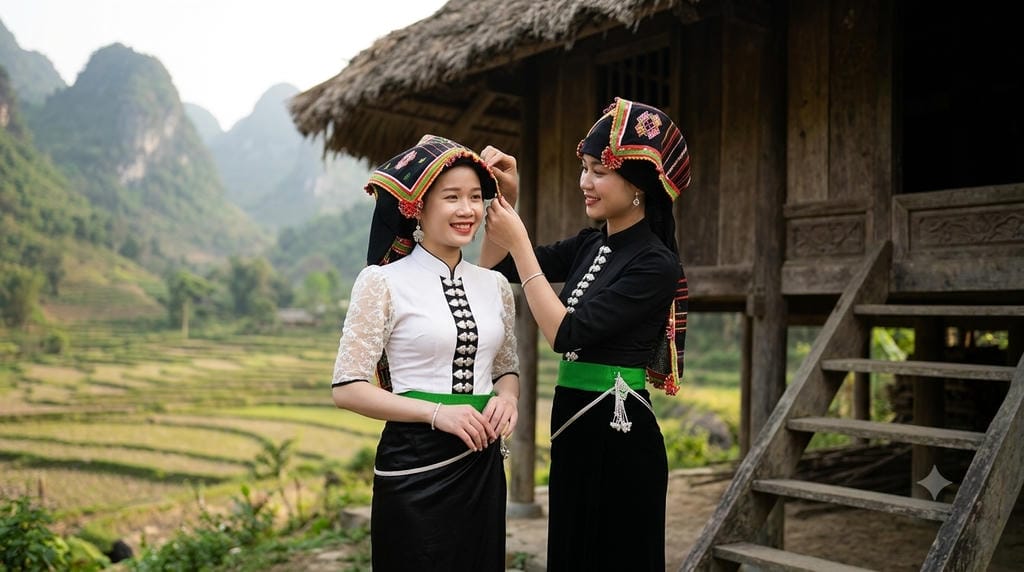 Bộ trang phục truyền thống hoàn chỉnh của phụ nữ dân tộc Thái.