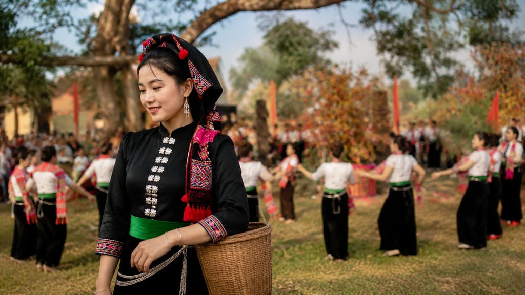 Khăn Piêu và áo cóm màu tối là những dấu hiệu nhận biết nổi bật của phụ nữ Thái Đen.