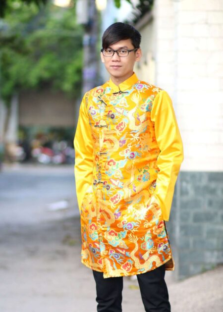 Áo dài cách tân nam gấm rồng vàng