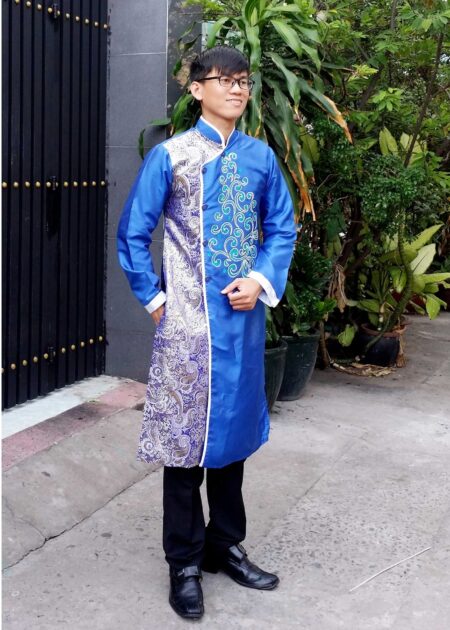 Áo dài cách tân nam xanh biển phối gấm