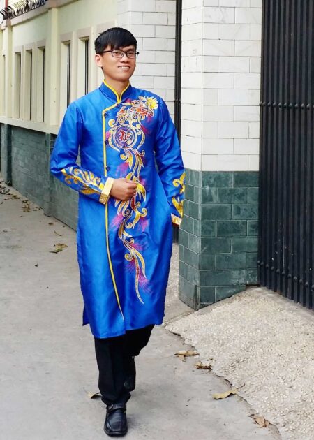 Áo dài cách tân nam xanh biển vẽ phượng hoàng