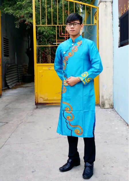Áo dài cách tân nam xanh ngọc vẽ mây