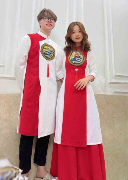 Áo dài múa hát sử ca đỏ phối trắng