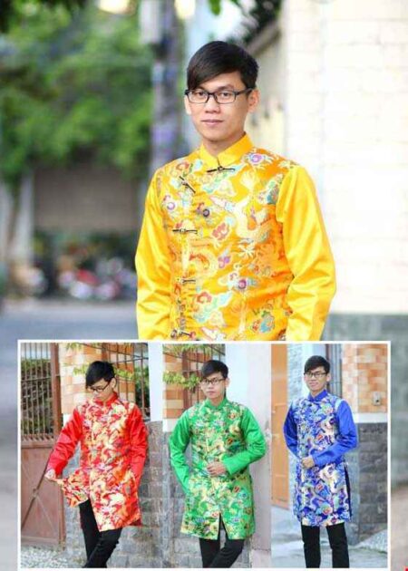 Áo dài nam cách tân gấm rồng