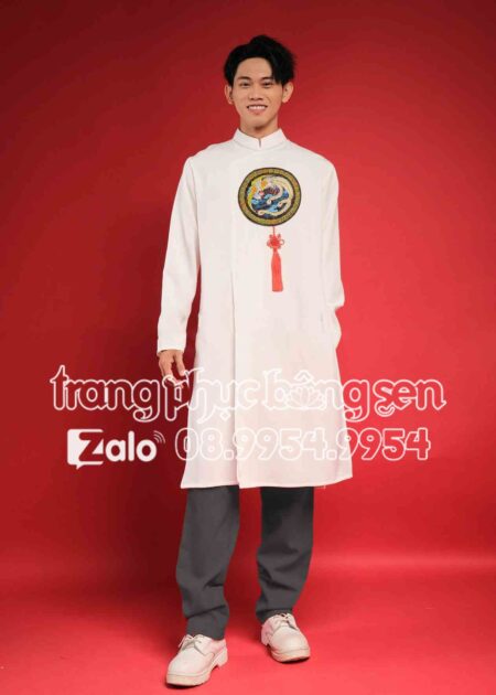 Áo dài nam cách tân trắng họa tiết đồng tiền