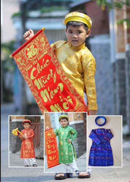 Áo dài nam mầm non vải gấm