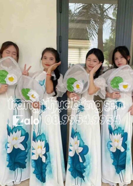 Áo dài sen xanh ngọc tay phồng 2 lớp