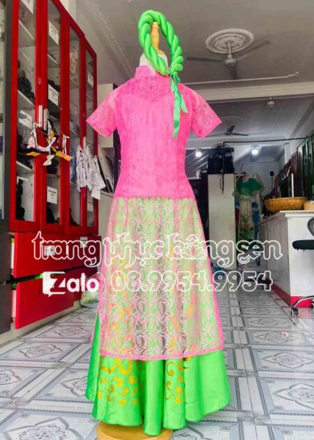 Áo dài trẻ em ren hồng tay ngắn