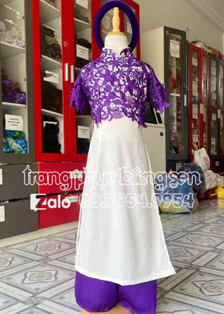Áo dài trẻ em ren pha tím tay ngắn