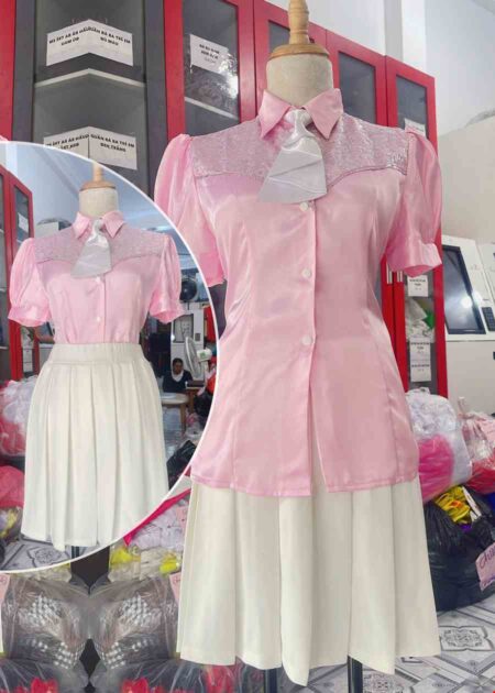 Áo sơ mi nữ hồng phấn kim sa váy xếp ly trắng