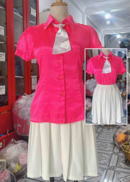 Áo sơ mi nữ hồng sen trơn váy xếp ly trắng