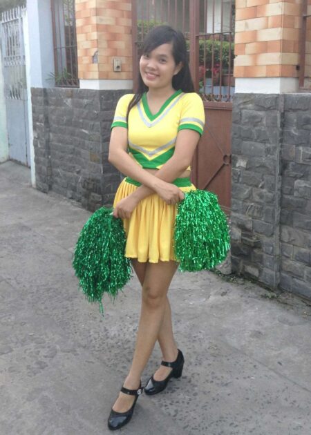 Áo váy múa cổ động vàng phối xanh lá