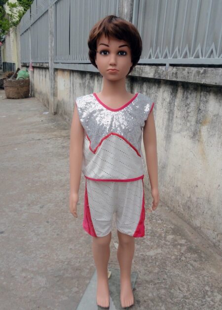 Đồ nhảy aerobic mầm non nam quần áo trắng phối kim sa