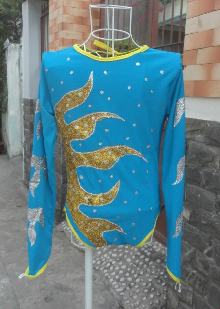 Đồ nhảy aerobic mầm non nam xanh biển  tay dài vẽ lửa vàng