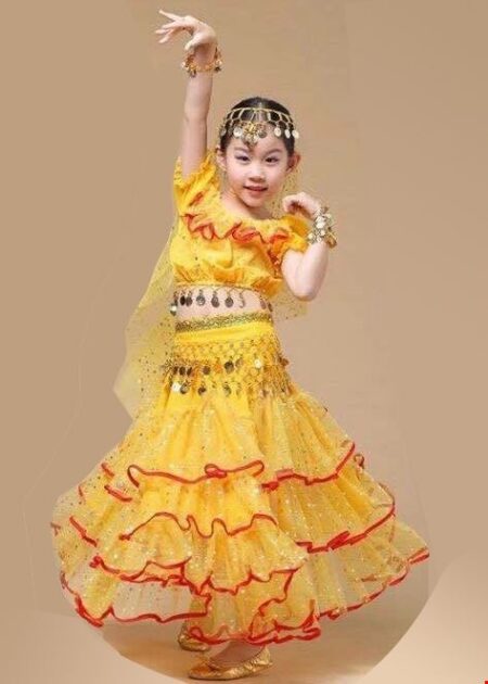 Trang phục Ấn Độ (múa bụng, belly dance) tiểu học áo váy vàng 3 tầng