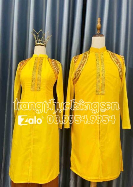 Trang phục áo dài nam nữ múa hát sử ca, âu lạc màu vàng đồng