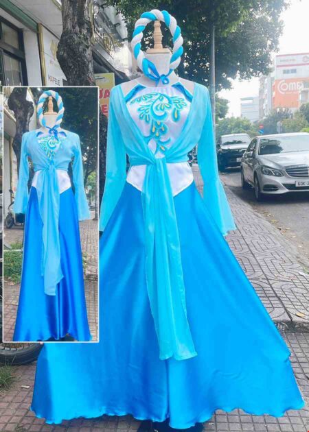 Trang phục múa hát dân gian tứ thân tơ xanh dương, yếm trắng vẽ quần váy xanh dương