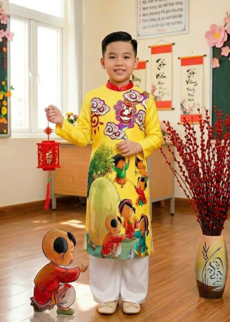 Áo dài cách tân trẻ em màu vàng