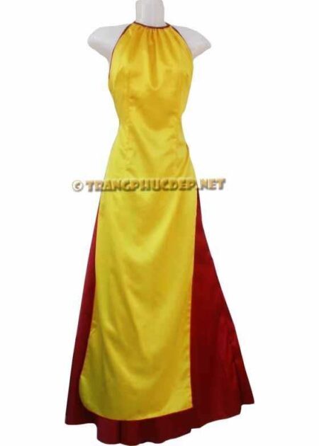 Áo dài cách điệu cổ yếm vải phi bóng màu vàng