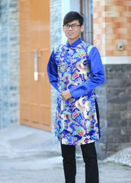Áo dài cách tân nam gấm rồng xanh dương