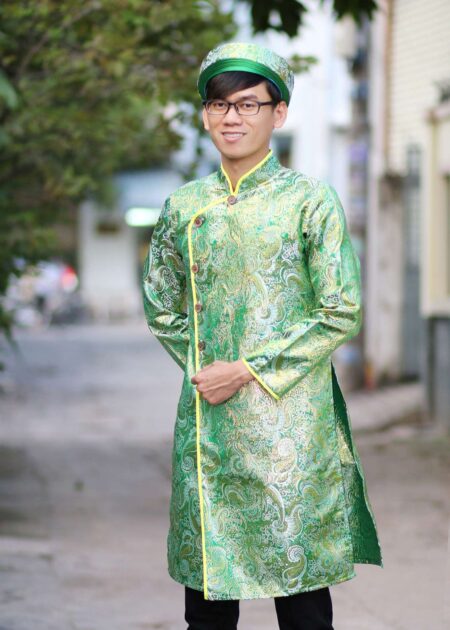 Áo dài cách tân nam gấm sò xanh lá