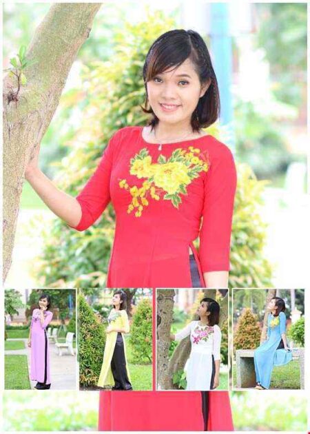 Áo dài chiffon trắng dán hoa 3D