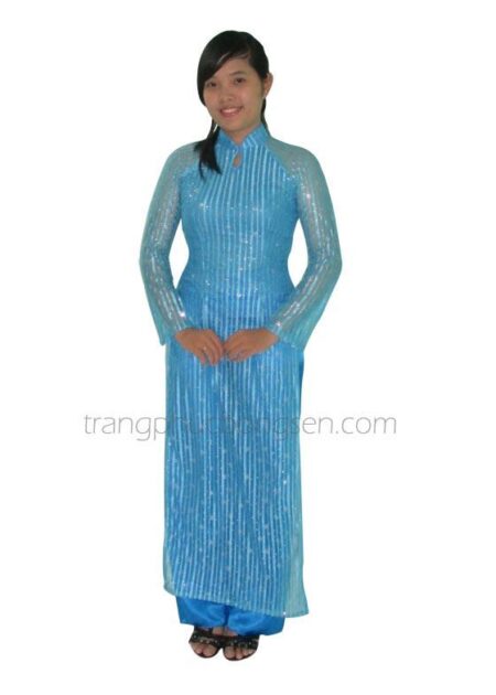 Áo dài lưới kim tuyến màu xanh biển