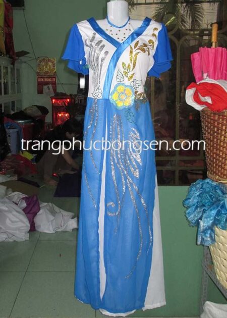 Áo dài múa đương đại tà xanh trắng đính cườm