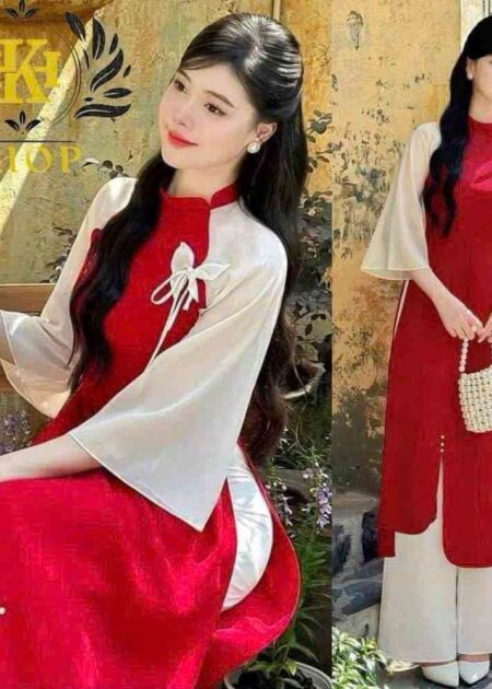 Áo dài múa voan trắng đỏ