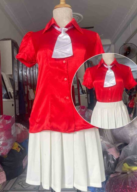 Áo sơ mi nữ đỏ tươi trơn váy xếp ly trắng