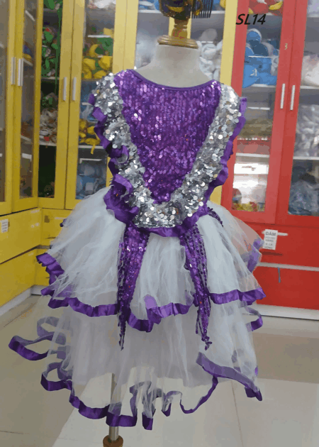 Áo váy kim sa trẻ em màu tím bèo cổ chữ V