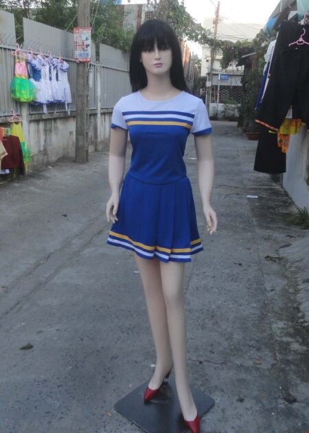 Áo váy múa cổ động trắng xanh sọc ngang