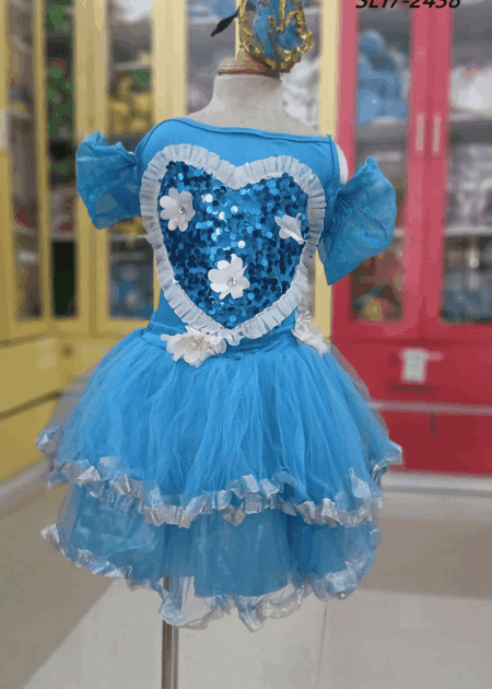 Áo váy múa trẻ em kim sa xanh dương ngực tim váy 3 tầng