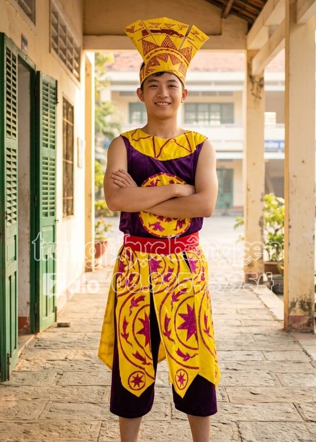 Trang phục Âu Lạc nam màu tím viền vàng, đai nhiều tà