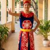 Trang phục Âu Lạc nam màu xanh viền đỏ, đai nhiều tà