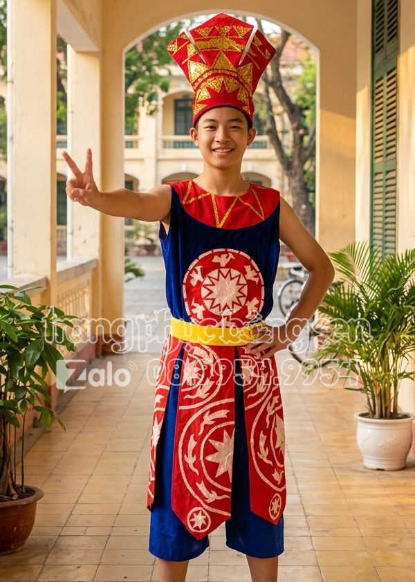 Trang phục Âu Lạc nam màu xanh viền đỏ, đai nhiều tà