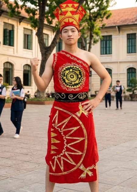 Âu Lạc nhung đỏ chéo vai tà dài